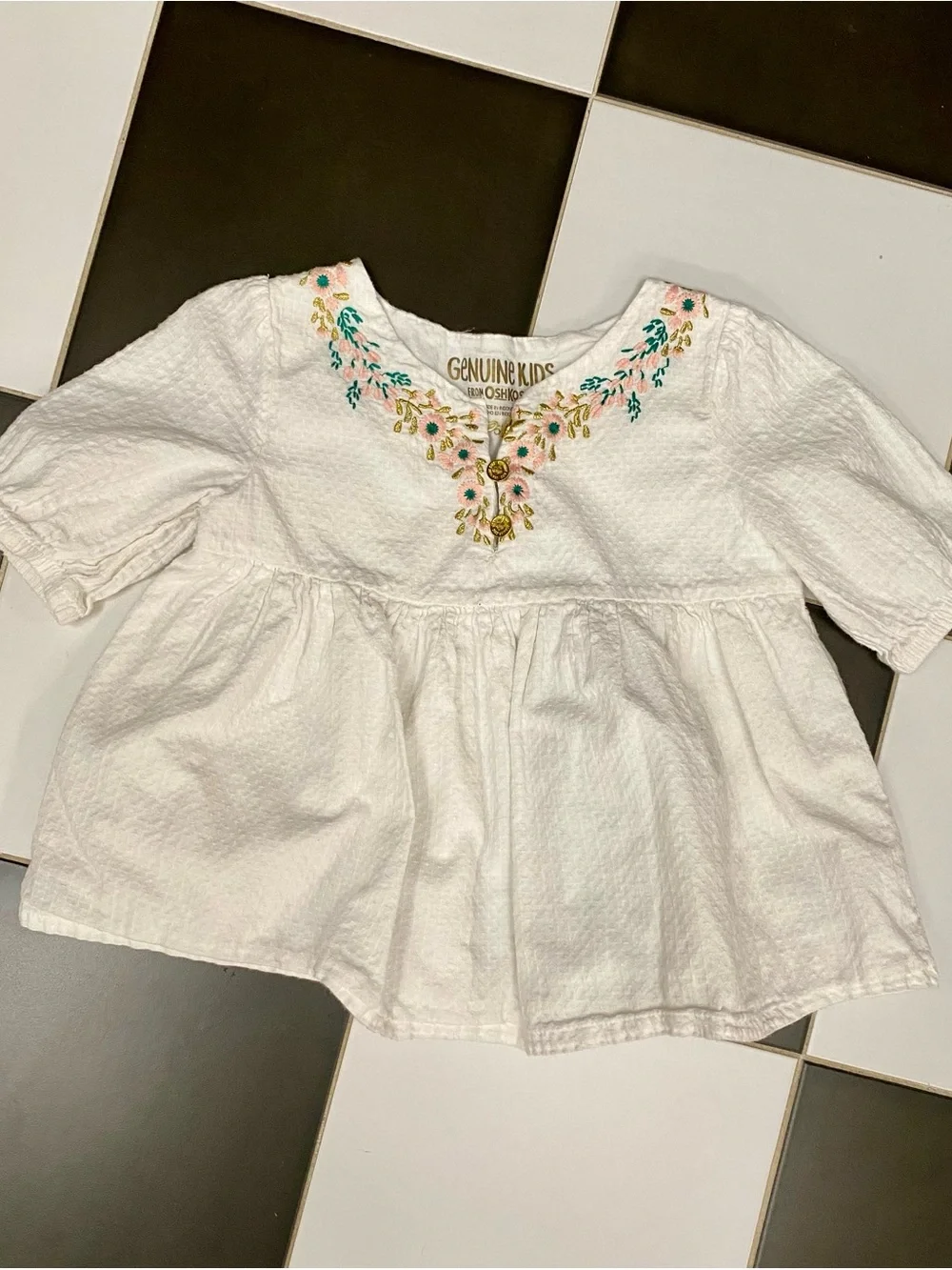 OshKosh B'gosh White Cottagecore Peplum Top with Floral Embroidery